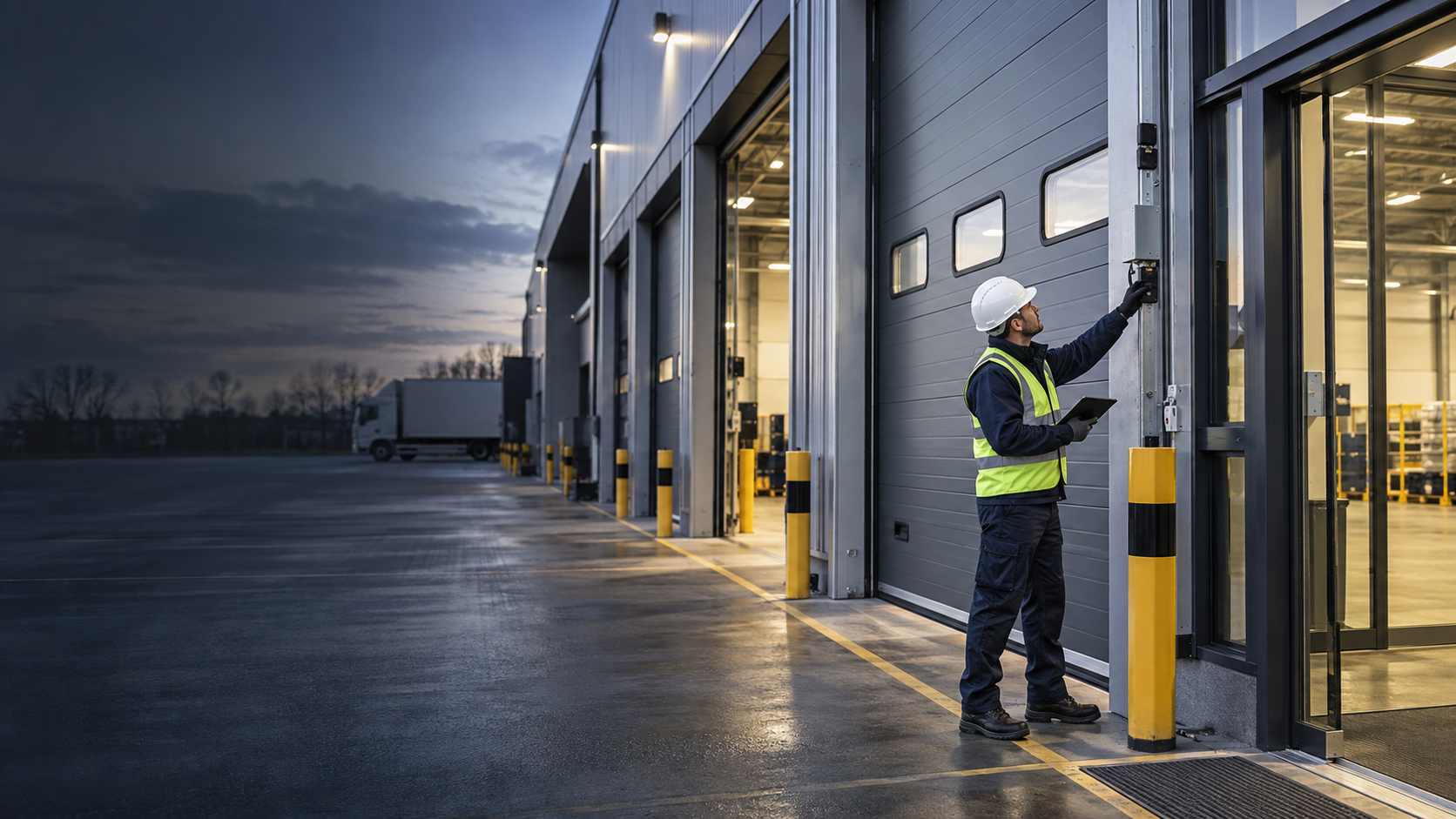 Door engineer inspecting an industrial sectional door at a loading bay